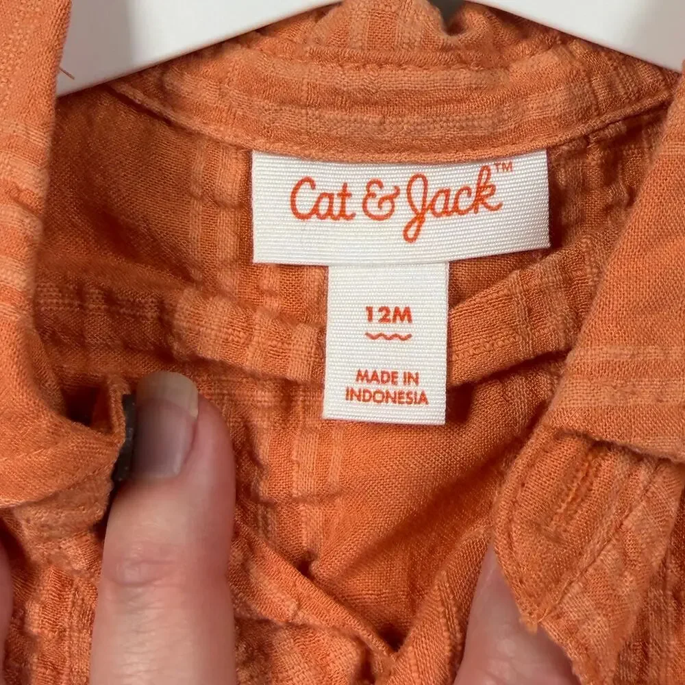 Cat & Jack Short Set Boys 12 Months Orange Rayon Blend Button Up Pockets NWT